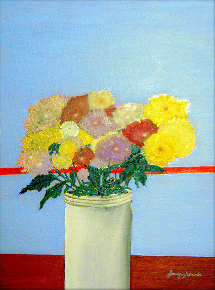 'Still life in blue with spring flowers' oil on canvas, 16 by 30 inches, 2010 (sold)